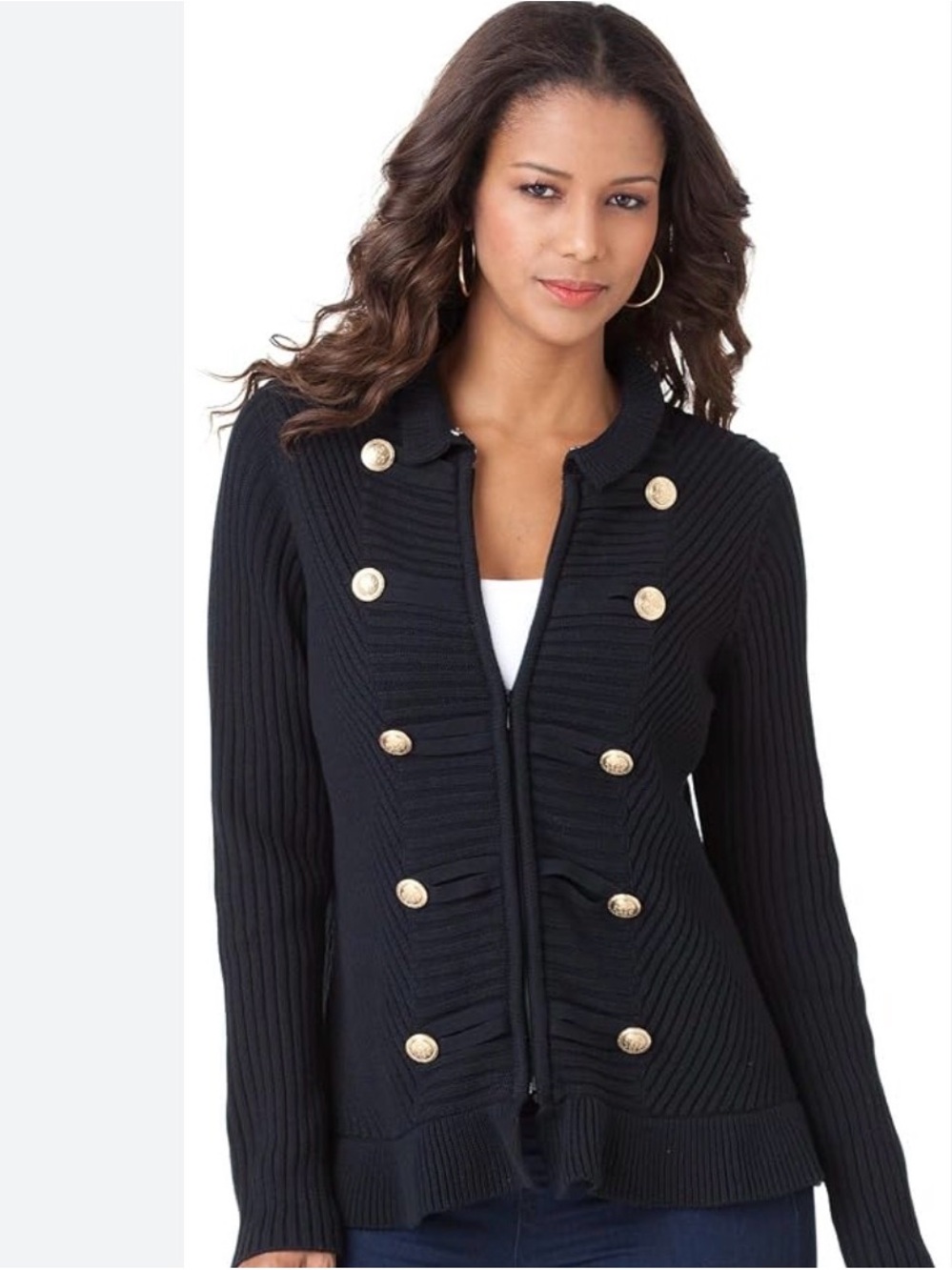 Roaman's  Ribbed Military-Style Sweater with Gold Buttons